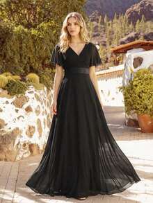 Vestido de dama de honor con cuello en V elegante, mangas con volantes y mariposa, color verde salvia, vestido de invitada de boda, vestido de primavera semi-formal para boda, fiesta de cumpleaños, graduación, Día de San Valentín - Negro - Ver 3