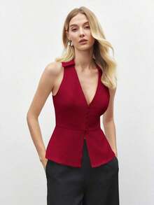 Blusa sin mangas de cuello blanco para mujer, de estilo urbano moderno y elegante, versátil para uso diario, con un toque retro de los 90.Adecuada para Navidad, Año Nuevo, San Valentín, fiestas, playa, graduación, moda, festivales, vacaciones, in - Rojo - Ver 4