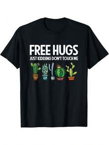Abrazos gratis, es broma, no me toques, camiseta divertida con estampado de cactus, camiseta de manga corta cómoda y casual para el verano. - Negro - Ver 6