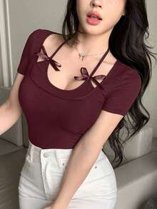 Camiseta de manga corta ajustada casual y sexy con decoración de lazo halter para mujer - Burdeos - Ver 1