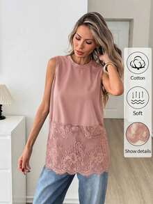 Top sin mangas de mujer con cuello redondo y dobladillo de encaje, primavera/verano - Rosa vieja - Ver 2
