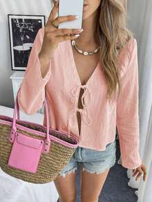 Blusa suelta de hombros caídos con nudo delantero, unicolor, de estilo informal, con mangas acampanadas para mujer - Rosa Pálido - Ver 8