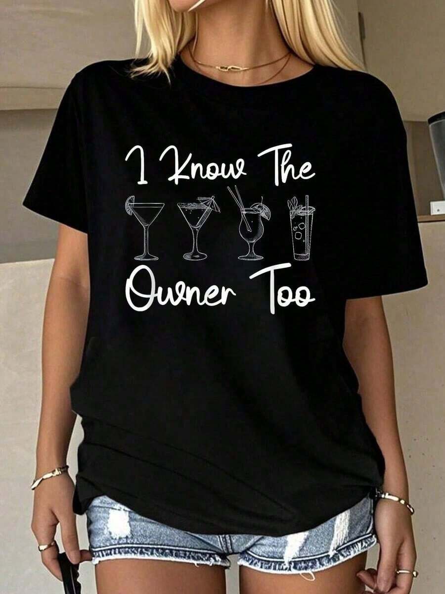 Funny T-Shirt For Waiter, Doorman, Club, Bar, Pub, "I Know The Owner Too", Graphic Tees For Women, Summer Tops, Crew Neck T-Shirt, 100% Cotton, Women's Clothing, Summer Sets For Women, Autumn Clothing For Women, Tops For Women, Black T-Shirt - 黑色 - 查看 1