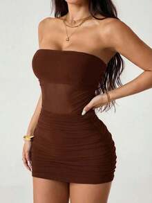 Vestido mini tubo negro sexy ajustado con pliegues y malla de unicolor para mujer - Marrón - Ver 10