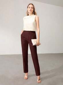 PREMIUM PANTALONES DE TRAJE AJUSTADOS CON COSTURA DELANTERA PARA MUJER - Café integral - Ver 2