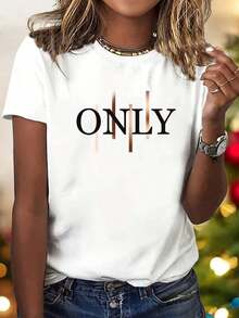 Basic T-Shirt Style Top With Modern Stylized Typography Design, Soft And Comfortable Women's T-Shirt With Front Letter Print - 白色 - 查看 1
