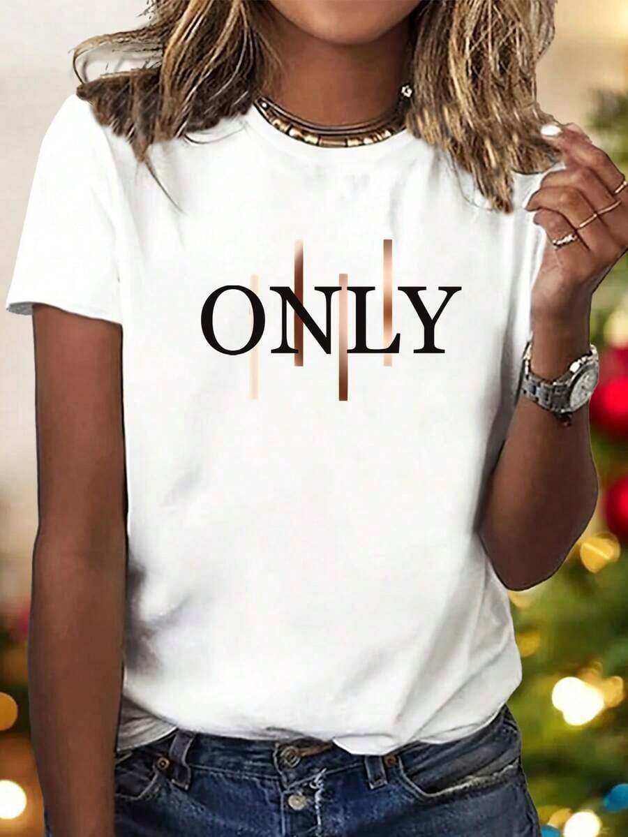 Basic T-Shirt Style Top With Modern Stylized Typography Design, Soft And Comfortable Women's T-Shirt With Front Letter Print - 白色 - 查看 1