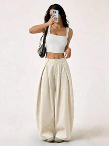 Pantalones anchos de verano con dobladillo curvo verde, estilo vintage, casual y para salir - Albaricoque - Ver 4