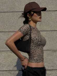 Camiseta casual de verano para mujer con cuello redondo, manga corta y ajuste entallado en unicolor - Marrón 2 - Ver 7