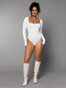Body De Manga Larga Con Cuello Cuadrado Para Mujer - Blanco - Ver 8