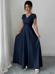 Vestido elegante y romántico para mujeres con cuello en V, mangas cortas y cintura ceñida - Azul marino - Ver 3