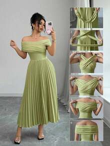 Vestido elegante de mujer con hombro descubierto y cintura plisada - Verde Niebla - Ver 8