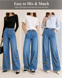 European And American New Denim Jeans With Women's Metal Eyelets Design, Casual And Loose High Waisted Wide Leg Jeans - màu xanh nhạt - Xem 4