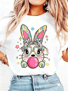 Kawaii Rabbit T-Shirt For Women, Ullzang T-Shirt, Funny Easter Print T-Shirt, Cute Cartoon T-Shirt, Casual Women's T-Shirt, Colorful Design T-Shirt For Girls, Summer Graphic Tees - 白色 - 查看 1