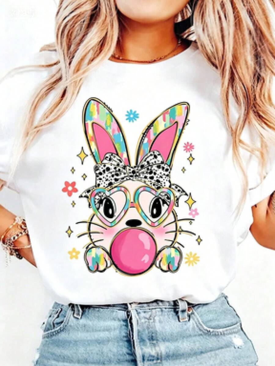 Kawaii Rabbit T-Shirt For Women, Ullzang T-Shirt, Funny Easter Print T-Shirt, Cute Cartoon T-Shirt, Casual Women's T-Shirt, Colorful Design T-Shirt For Girls, Summer Graphic Tees - 白色 - 查看 1