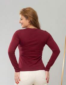 Set Of 2 Long Sleeve T-Shirts, Base Layer Blouses, V-Neck, Slim Fit, Workwear, Winter, Basic, Plain - 紅木色 - 查看 8