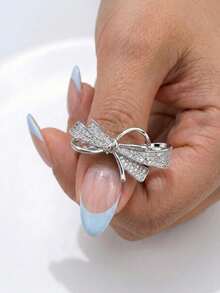 1 pieza Anillo de cobre con base de circonita y lazo adorable, joyería apilable de verano - Plateado - Ver 2