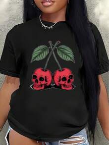 Polyester Short-Sleeved T-Shirt With A Red Skull Design. Lightweight And Durable, Suitable For Casual Wear At Restaurants Or At Home. Features A Striking Red Skull And Green Leaf Print. Comfortable And Fitted For Everyday Wear. Women's Shirts - 黑色 - 查看 7