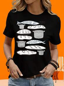 Camiseta de manga corta GraphicLadies para ocio al aire libre y en casa, 220g, con diseño de Pez y Pan de la Biblia, Mateo 14, 16, 21, camiseta gráfica inspirada en la fe cristiana para mujeres y hombres, camiseta de regalo para ocio, al aire libre, vacaciones y fiestas. - Negro - Ver 4