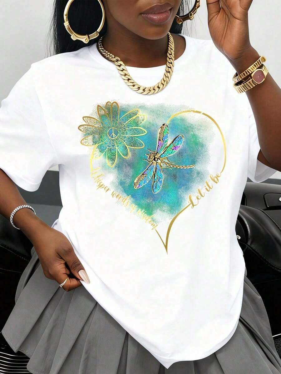 White T-Shirt With Dragonfly And Flower Design, Peace Symbol, Heart Graphic, "Let It Be" Phrase, Boho Style, Casual Top For Women, Summer Clothing, Fashion T-Shirt, 100% Cotton - 白色 - 查看 1