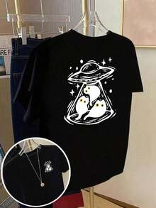 Under The RadarCamiseta de ocio para mujer con estampado frontal y trasero, diseño de alienígenas y OVNIs, cuello redondo, estilo casual de manga corta, adecuada para fitness en todas las estaciones y uso diario, diseño divertido estampado, 100% algodón. Camiseta unisex de algodón holgada de manga corta y cuello redondo estilo vintage urbano - Negro - Ver 6
