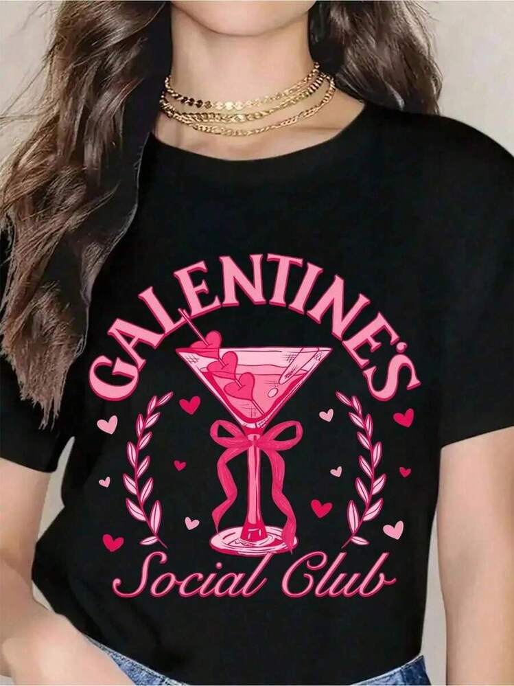 Camiseta del Club Social de Galentines para Mujer - Diseño de Martini Rosa, Regalo para el Día de San Valentín, Linda Camiseta de Galentines para Amigas, Atuendo Romántico para Fiesta, Ropa Divertida de San Valentín para Niñas y Mujeres, Camiseta de Cuello Redondo para Mujer 100% Algodón, Camiseta para Mujer - Negro - Añade 7