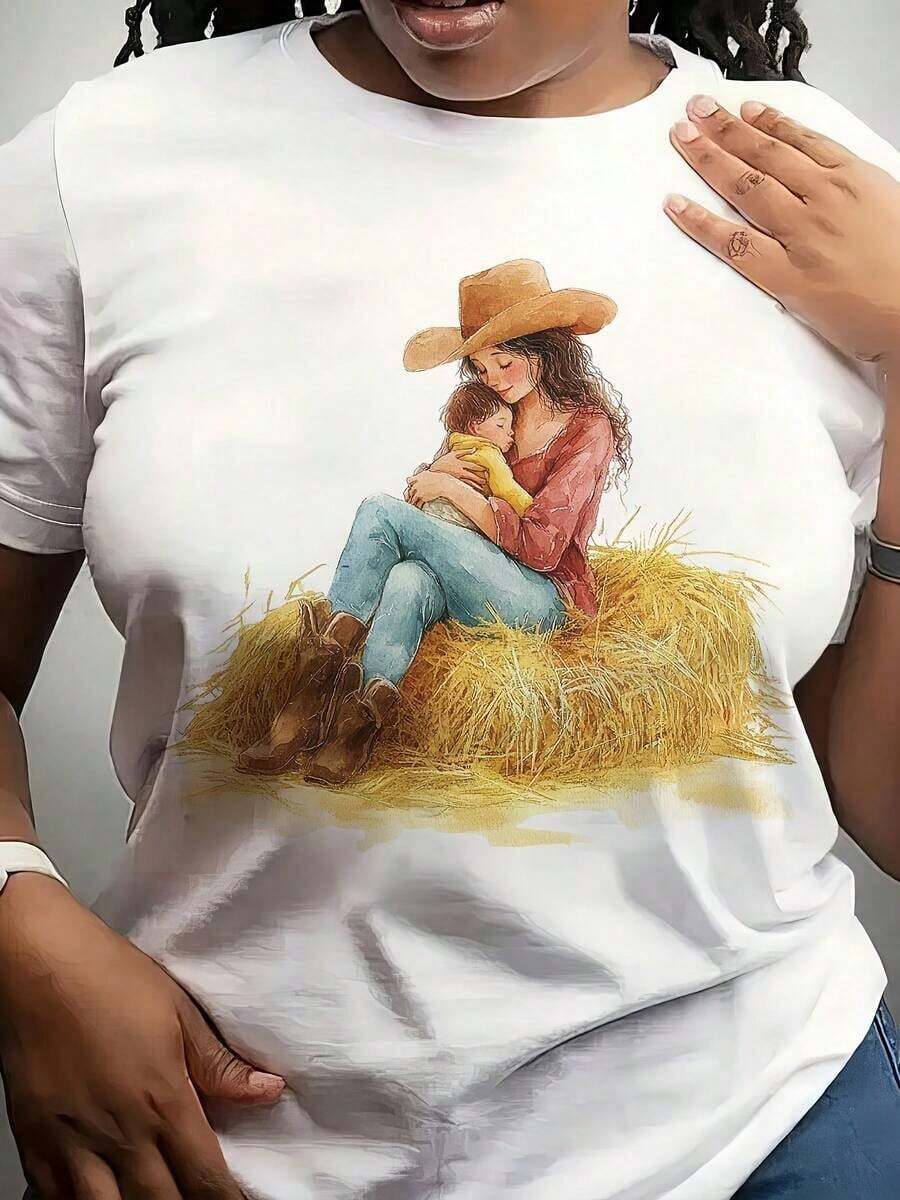 Regalo: 1 camiseta blanca para mujer con estampado de vaquera abrazando a un niño, cuello redondo, camiseta casual de algodón, tejido de punto de elasticidad media, corte regular para damas, para primavera/verano/otoño, suave. - Blanco - Ver 1