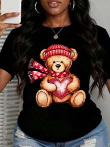 Camiseta casual de manga corta con cuello redondo y estampado de oso de peluche con corazón y bufanda para mujer, 100% algodón, para uso diario, fiestas, vacaciones, opción de regalo - Estilo vintage urbano, unisex, holgada, de algodón, manga corta, cuello redondo, blusas para mujer. blusas.blusas casuales para dama.Impresión de osos cariñosos.Camiseta estampada Impresión de osos cariñosos. - Negro - Ver 6