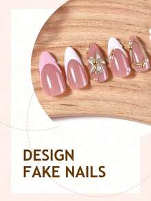 24pcs French Tip Acrylic Press On Nails Medium Almond 3D Flower Water Ripples Decoration Metal Accessories Rhinestone Glossy Full Cover Fake Nails Nail Art. - Multicolor - View 3