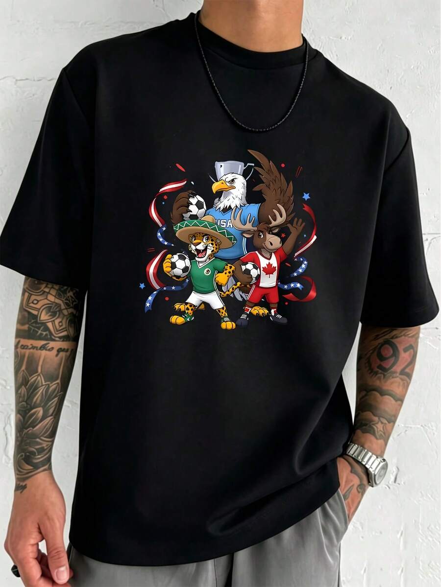 Men's 100% Cotton T-Shirt With Officially Licensed 2026 Three Nations World Cup Mascot Print, Soft And Comfortable, Short Sleeve For Summer. - 黑色 - 查看 1