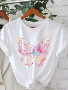 1 Women's Casual Short Sleeve T-Shirt - Floral And Butterfly Print In Color Gradient, Loose Round Neck, Machine Washable, Suitable For Spring, Summer And Autumn, Seasonal Fashion, Artistic Design, 180g Non-See-Through 100% Cotton Fabric. - 白色 - 查看 12