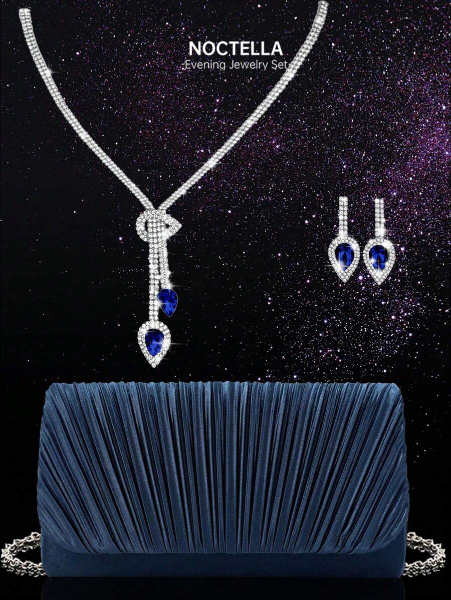 Noctella Modische plissierte Klappe Abendtasche, elegante einfarbige Satin Damen Party Tasche, neue quadratische Umhängetasche, kombiniert mit funkelndem Strass Halskette und Ohrring Schmuckset, geeignet für Party Mädchen und Damen, perfekt für Frauen, die Partys, Hochzeiten, Abschlussbälle, Abendessen/Bankette besuchen, auch ein ideales Geschenk für Frauen. - marineblau - Übersicht 1