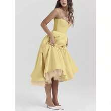 Vestido con Tirantes de Encaje Doble, Diseño Ondulado, Ajustado y Elegante - amarillo ganso - Ver 4