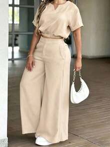 Conjunto de top corto con escote entallado y pantalones de pierna ancha de unicolor minimalista para uso casual y diario de mujer, primavera/verano/otoño, color negro - Albaricoque - Ver 5