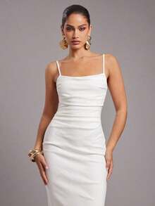 Vestido midi de verano para mujer de unicolor, elegante, con tirantes de espagueti y drapeado ajustado - Blanco - Ver 4