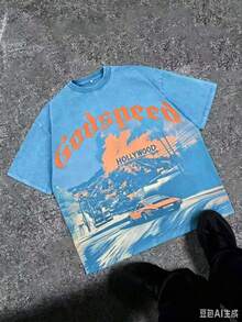Break The SystemMen's Washed Vintage Crewneck T-Shirt, 100% Cotton 180GSM, Godspeed Highway Car Print, Retro Faded Style, American Streetwear, - 天藍色 - 查看 7
