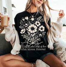 Women's Casual Loose Fit T-Shirt With Floral Print "Mothers Sow Seeds Of Love", Breathable And Comfortable, Short Sleeve, Round Neck, Vintage Wildflower Print, Soft Cotton, Perfect For Everyday Wear And Urban Style For Mother's Day - 黑色 - 查看 1