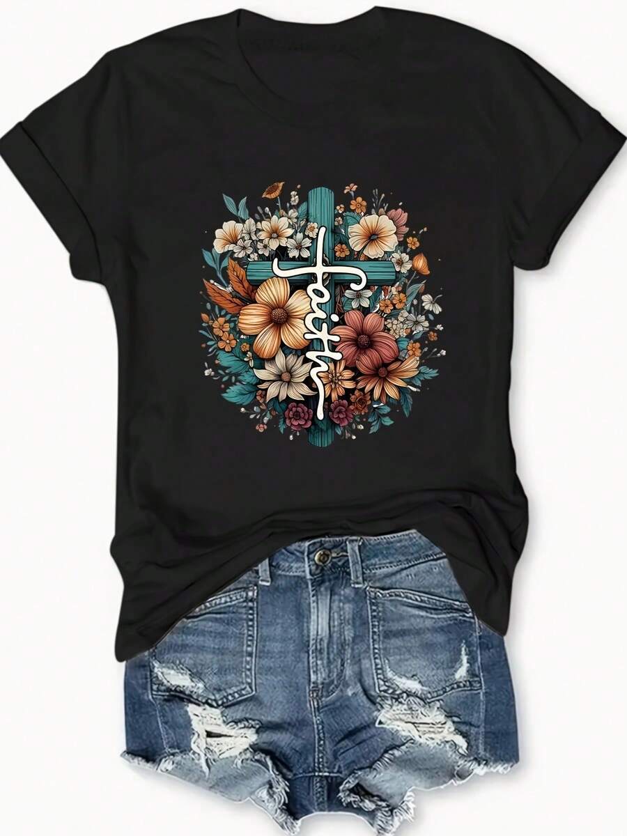 1 Piece Of Women's Casual Short-Sleeved T-Shirt, With Floral Cross Print And Lettering, Round Neck - Machine Washable, Comfortable For Daily Wear, Versatile With Jeans And Dresses, Suitable For All Seasons, Casual Outfit, 180g 100% Cotton. - 黑色 - 查看 1