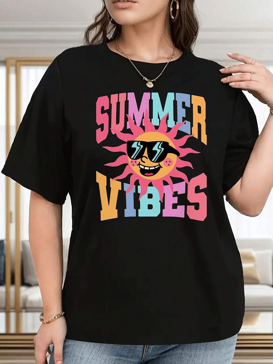 Summer T-Shirt With Colorful Letter Print, Loose Fit, Slimming Effect, Casual Short Sleeve For Everyday Wear. - 黑色 - 查看 1