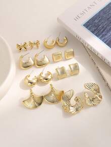 4-16pcs Vintage High-End Metallic Gold Tone Earrings For Women, Multi-Style Design Suitable For Commute, Dating, Versatile, High Polished Gold Plating Craftsmanship, Non-Allergic Material Comfortable Wear, Unlock N Styles In One Set, Best Value - Gold - View 2