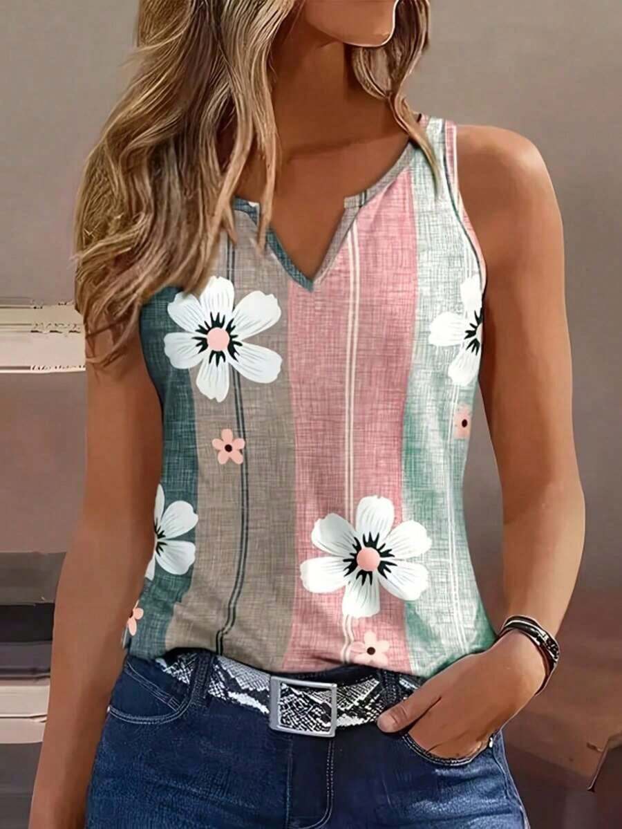 Selamara Blusa sin mangas de verano para mujer con estampado de mariposas y flores, cuello en V, diseño de cuello elegante, ajuste delgado, casual - Multicolor 5 - Ver 1