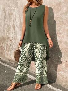 Set de 2 piezas con top sin mangas y pantalones de pierna ancha con estampado de paisley - Verde militar - Ver 1