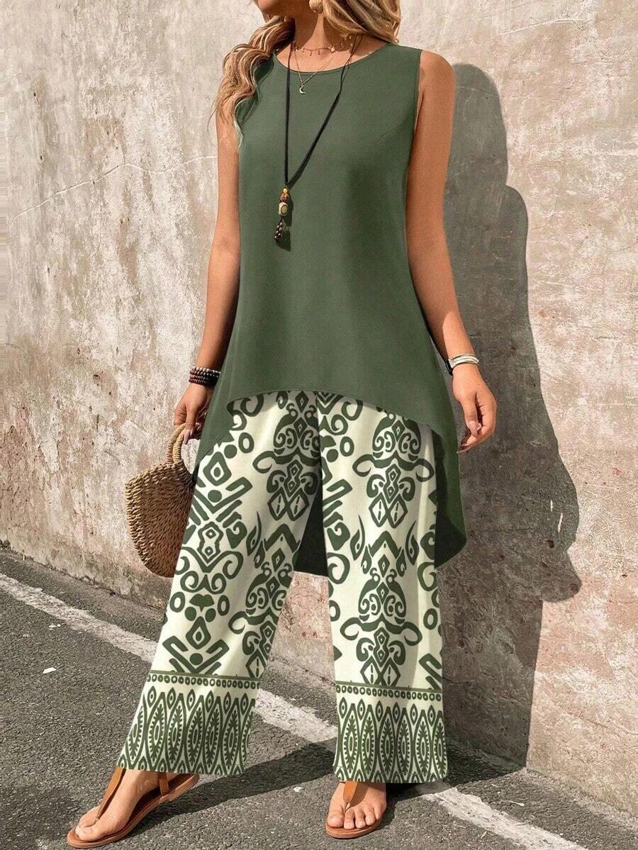 Set de 2 piezas con top sin mangas y pantalones de pierna ancha con estampado de paisley - Verde militar - Ver 1