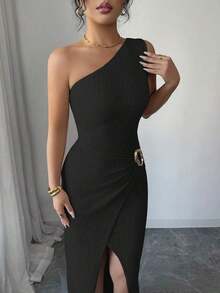 New Women's Sexy Solid Color Maxi Dress With Asymmetrical Shoulder, Twisted And Ruched, Asymmetrical Neckline, Knit Texture And Fitted Style, Twisted Design With Slit, Elegant Outfit For Women, Dress For Spring/Summer Party, Vacation, Valentine's Day - 黑色 - 查看 4