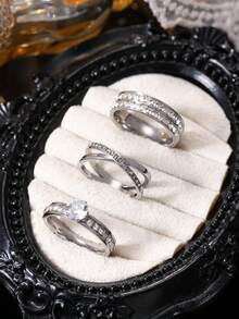 3枚女士戒指，不锈钢镶嵌水钻，优雅结婚戒指，可叠戴，夏季饰品，送给女朋友的日常佩戴礼物 - 銀色 - 查看 1