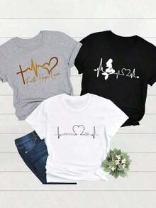 A Set Of Printed T-Shirts (More Than 3 Pieces) With A Modern And Stylish Design, Suitable For Everyday Wear And Lounging At Home. The Women's Short-Sleeved, Crew-Neck T-Shirt Is Made Of 100% Cotton, Making It Soft And Comfortable To Wear In Spring, Summer, Autumn, And Winter. It's Widely Used For Fitness Workouts, Daily Wear, Vacations, School, Office, Conferences, And Other Suitable Occasions. T-Shirts For Men And Women, Summer T-Shirts. Black, White - 黑色 - 查看 7
