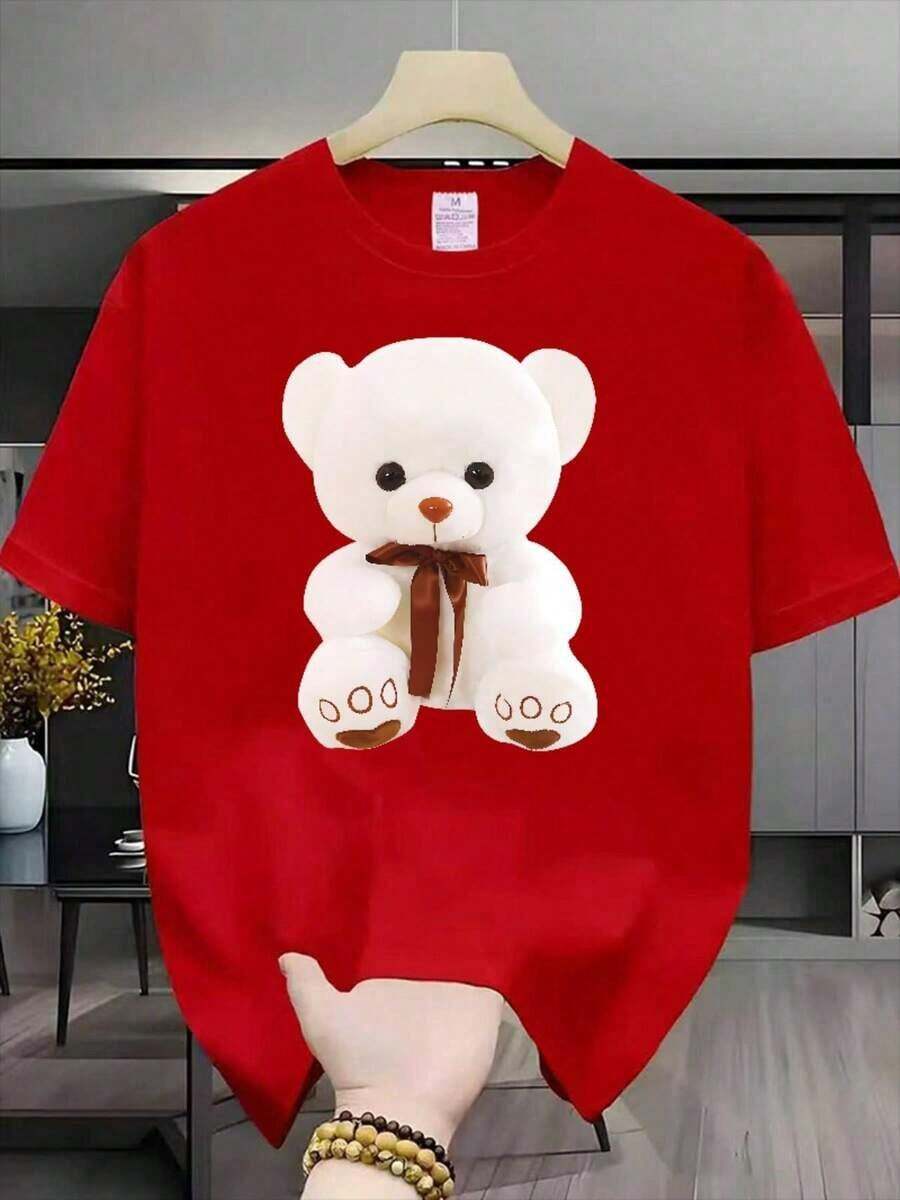 New Casual Summer T-Shirt With White Teddy Bear Print For Men And Women - Short Sleeve, Round Neck, Casual Summer Style, With Pink Bow And Brown Ears, Soft And Suitable Size S, Unisex Casual Set, 1 Piece - Unisex Urban Style Vintage T-Shirt, Cotton, Short Sleeve And Round Neck. - 紅色 - 查看 1