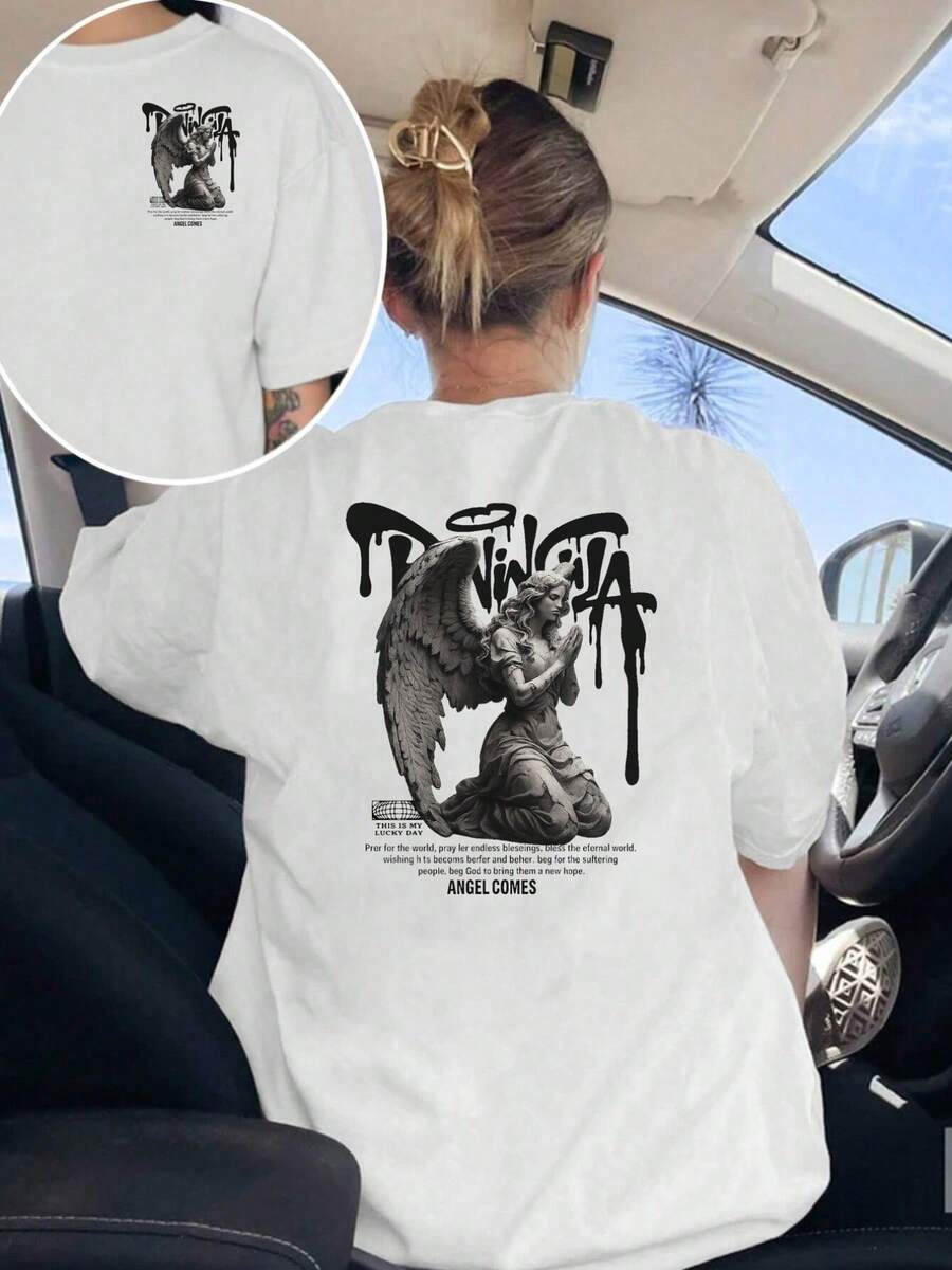 Women's Double-Sided Printed T-Shirt With Angelic And Prayer Motifs, Featuring A Round Neck, Short Sleeves, A Comfortable Fit, And A Classic Design. This Fashionable Top Is Perfect For Elegant Parties, Stylish Ladies, And Is Also Suitable As A Blouse For Curvy Women, A Prom Dress, Or Casual Wear. - 白色 - 查看 1