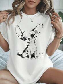 Camia con estampado de chihuahua para mujer, algodón de 220 g, informal, de verano, cuello redondo y manga corta (1 pieza) - Blanco - Ver 6