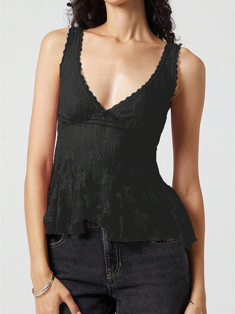 Women Summer Sleeveless Lace Floral Tank Tops V Neck Sheer Mesh Embroidered Ruffle Hem Tops Y2K Night Out Shirts - Black - View 1